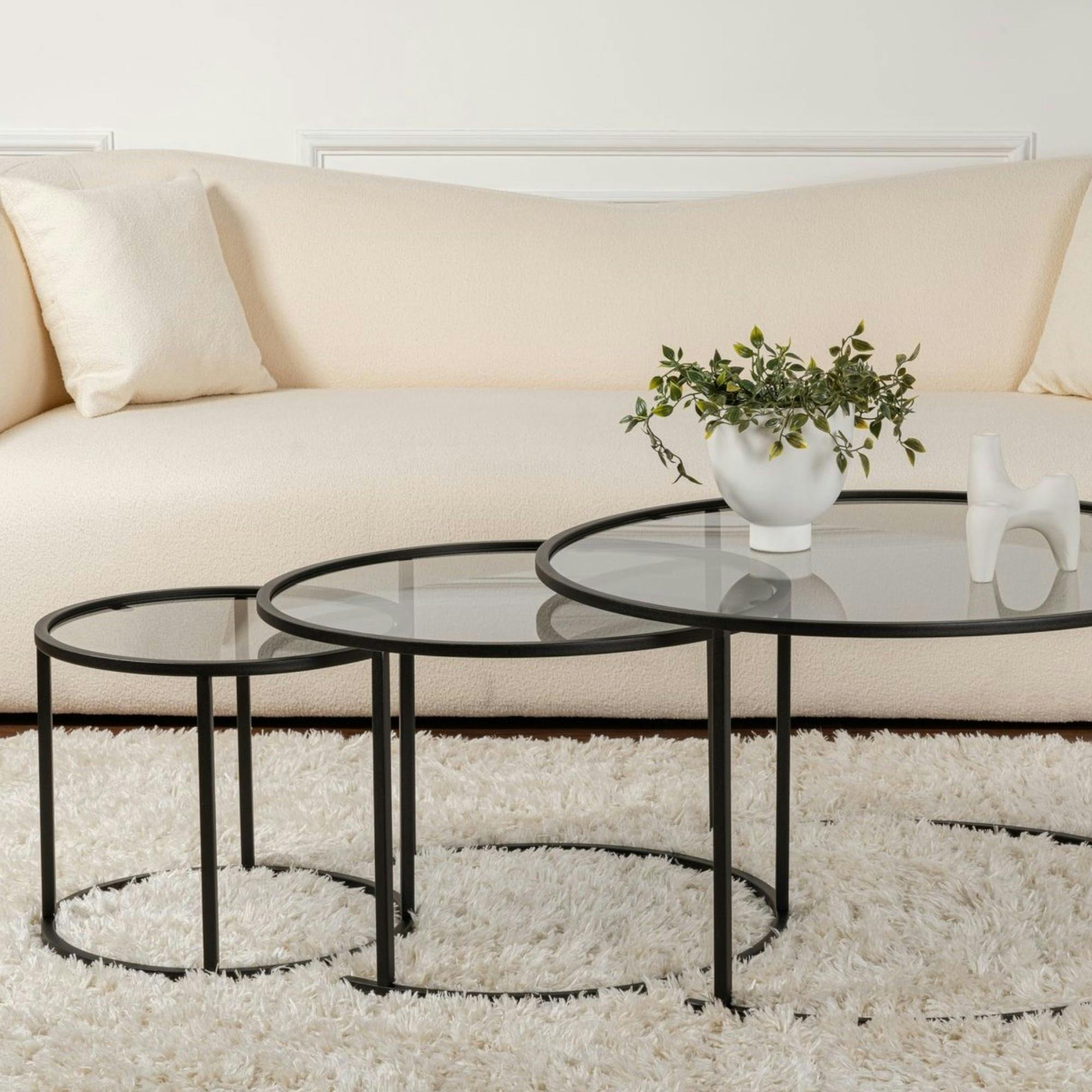 Table gigogne verre fumé - cadre noir (lot de 3) ⌀80 cm TULUM
