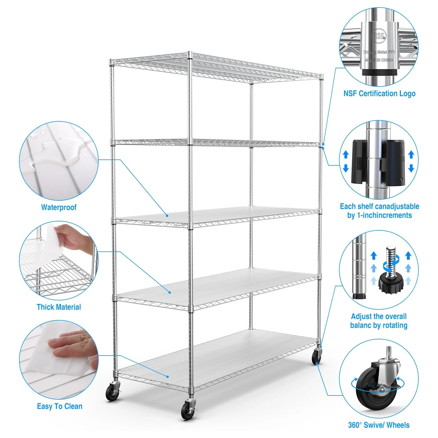Adjustable 5-Tier Storage Rack with Heavy-Duty Capacity, Wheel Functionality, and Shelf Liners