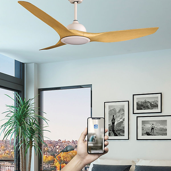 Fanelite - Ventilateur de plafond 132 cm blanc et ABS imitation bois LONGANA - Moteur DC 35W - LED 20W 3 couleurs   LED SUPERIEURE