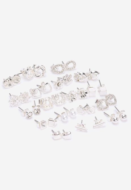Womens 18pk Silver Flower Diamante Stud Earrings