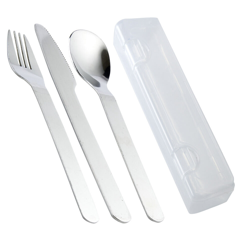 Couverts x3 en acier dans boÎte de rangement plastique L20cm (couteau/fourchette/cuillère)