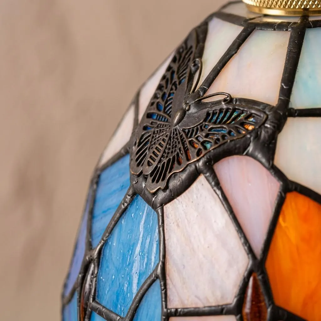 Blue and Pink Handmade Tiffany Style Pendant Light with Butterfly-Like Botanical Motifs