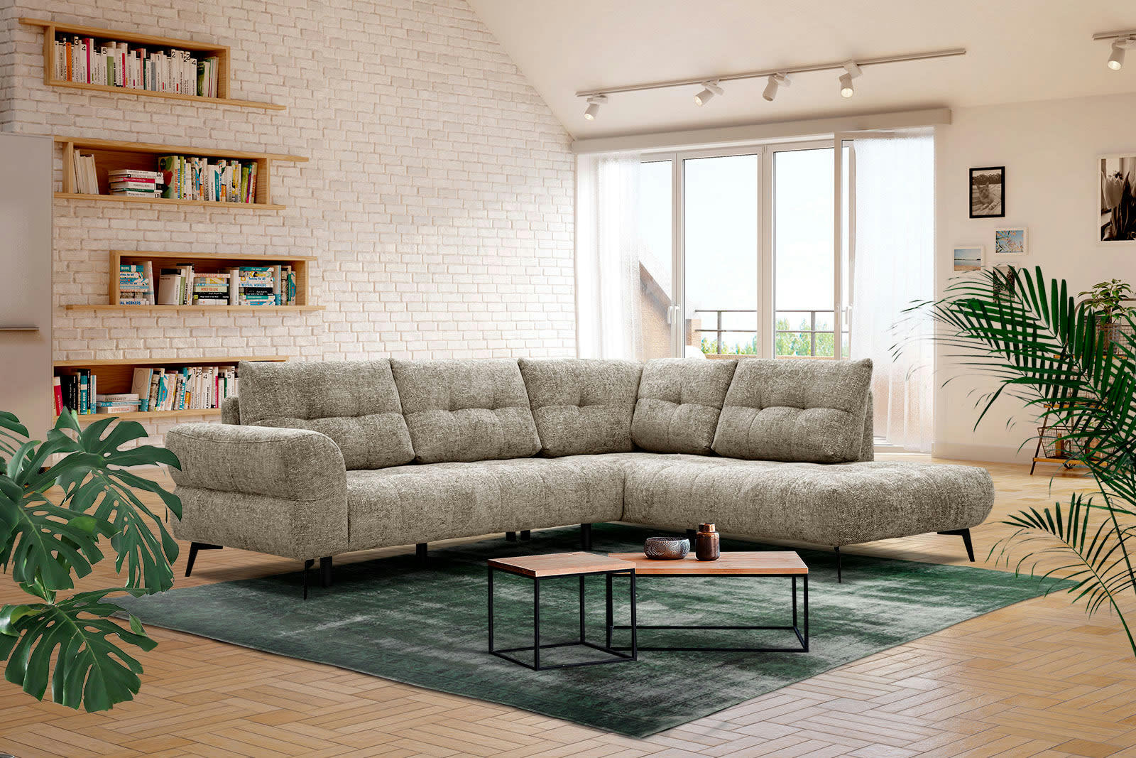 SALVINI - Canapé d'angle droit 5 places tissu beige foncé