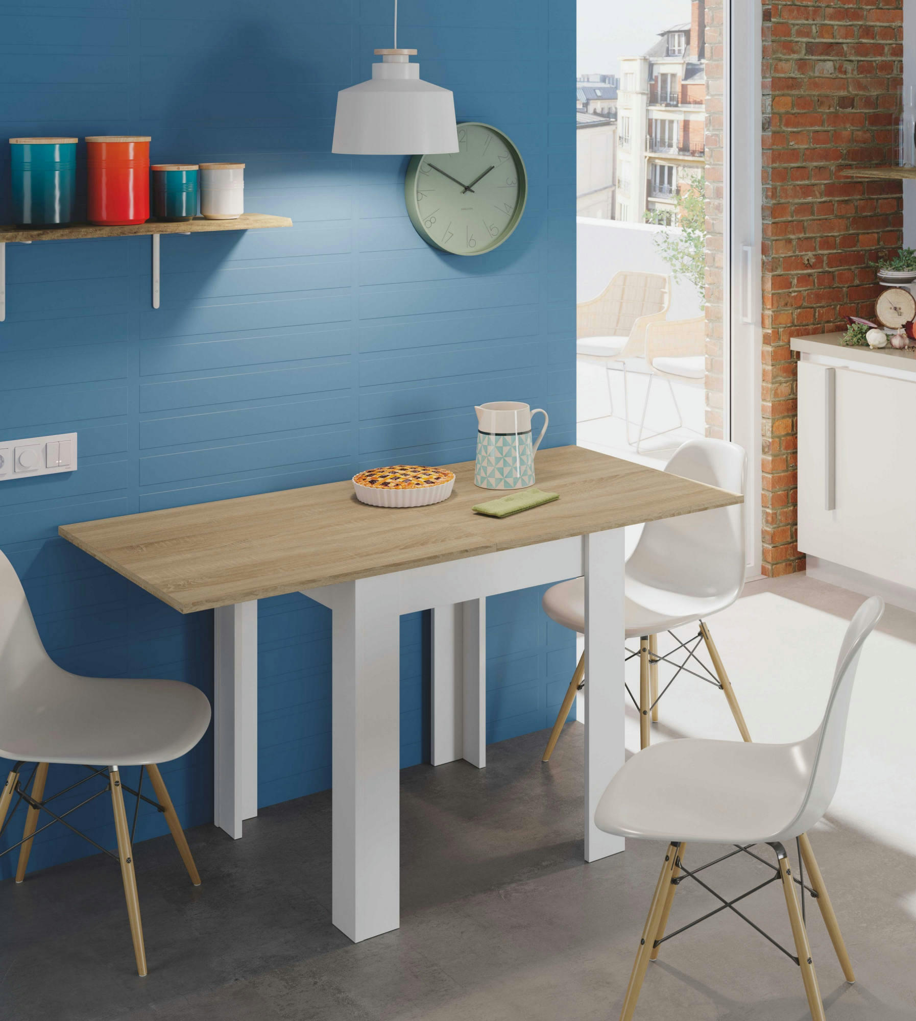 NEWARK - Table extensible effet bois 67x67/135 cm blanc et chêne