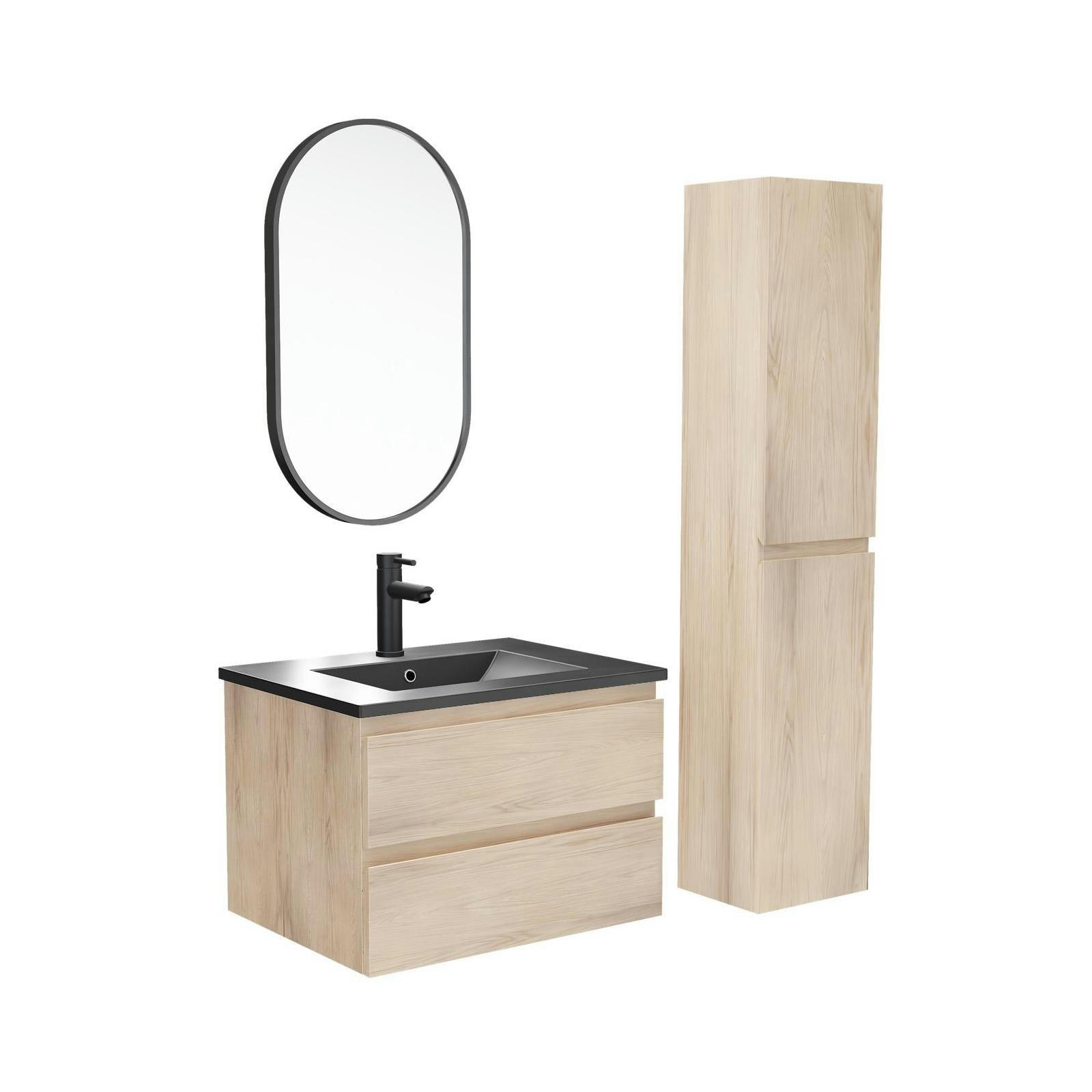 SORRENTO - Meuble simple vasque 60cm  chêne+vasque noire+robinet+miroir+colonne