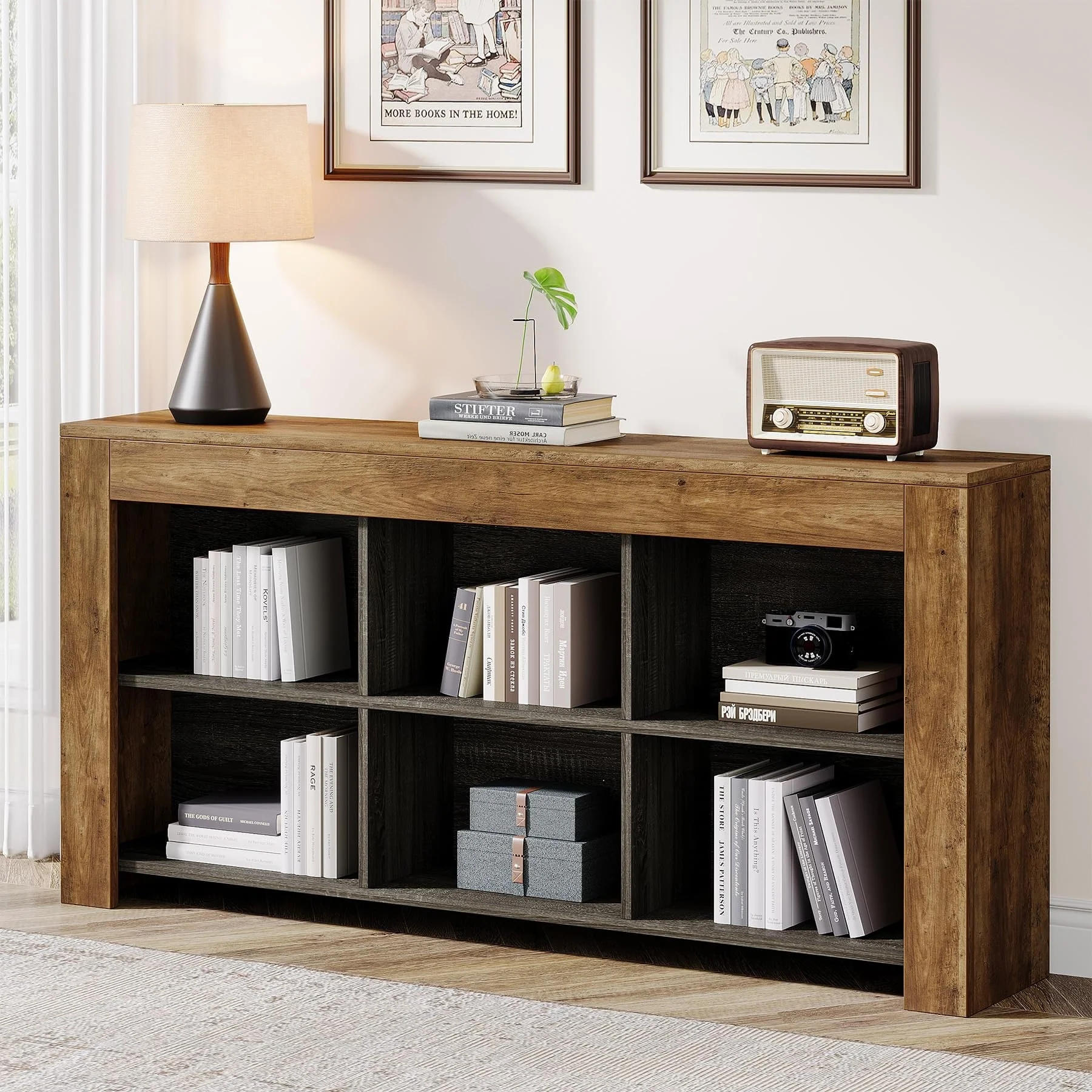 63-inch Horizontal Wood Bookshelf, Industrial Long Bookcase