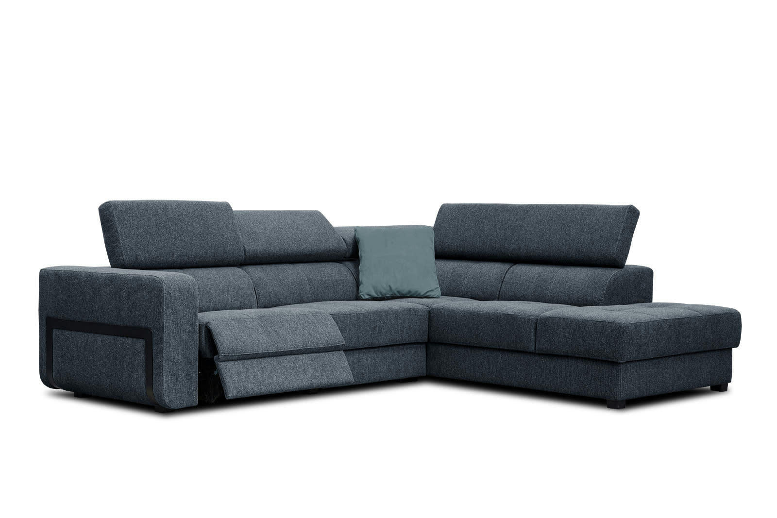 BERGO - Canapé d'angle droit 5 places avec relax électrique tissu bleu foncé