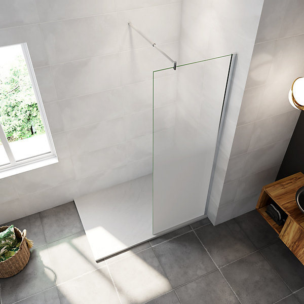 Paroi de douche sérigraphié Brume en 8 mm verre - 50 x 200 cm - Profilé chrome avec Barre de stabilisation extensible 70-120 cm