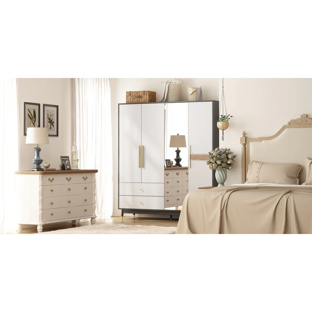 Wardrobe Armoire Closet with Mirror Wardrobe Cabinet with 2 Drawers