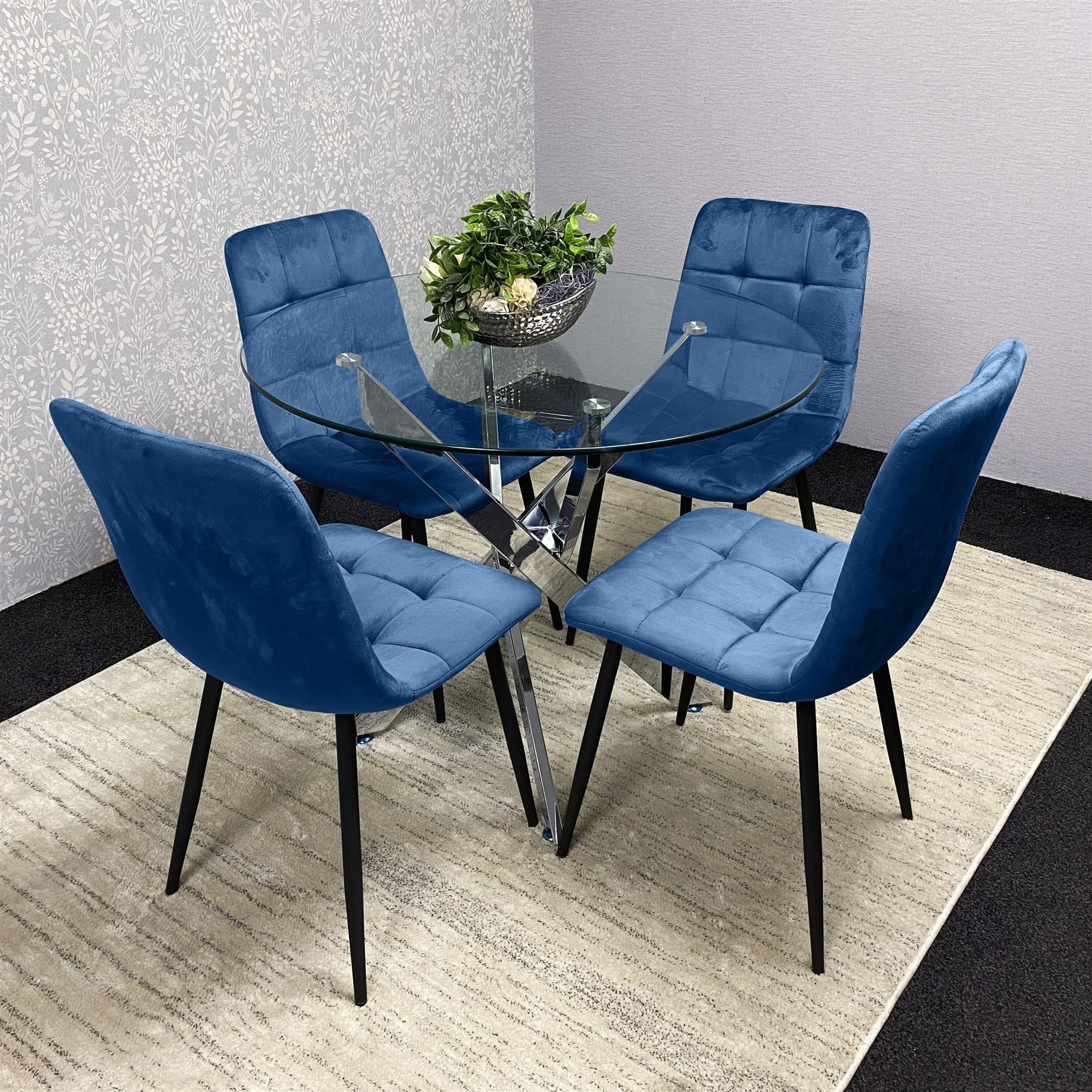 KOSY KOALA Kosy Koala Round Glass Dining Table Set With 4 Blue Velvet Chairs Dining Room Furniture