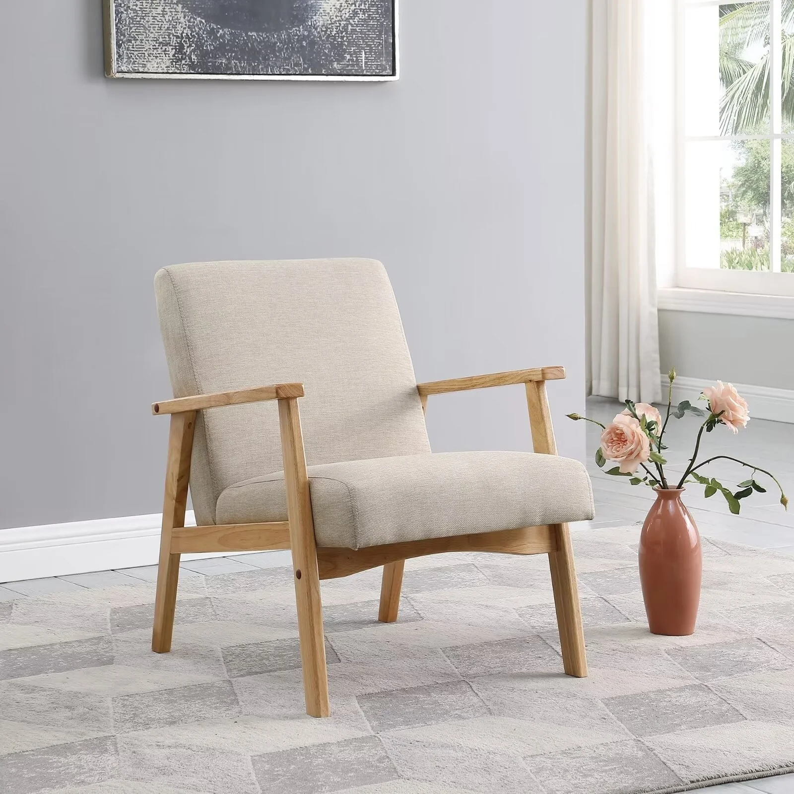 Modern Armchair Mid-century Solid Rubber Wood Accent Chair,Beige