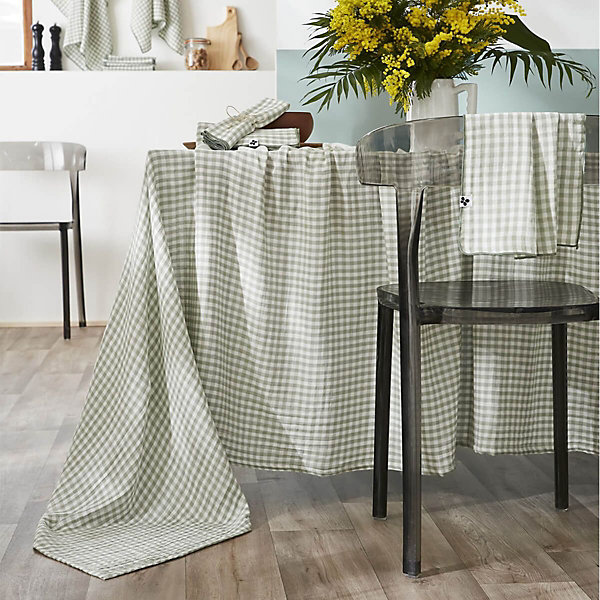 JOEL - Nappe Rectangulaire 150x350cm Gaze de Coton Vichy Coloris Eucalyptus