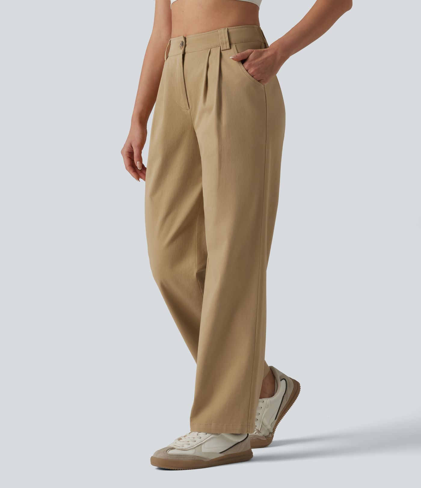 Pantalon chino décontracté en coton, taille haute, plissé, jambe droite, avec poches