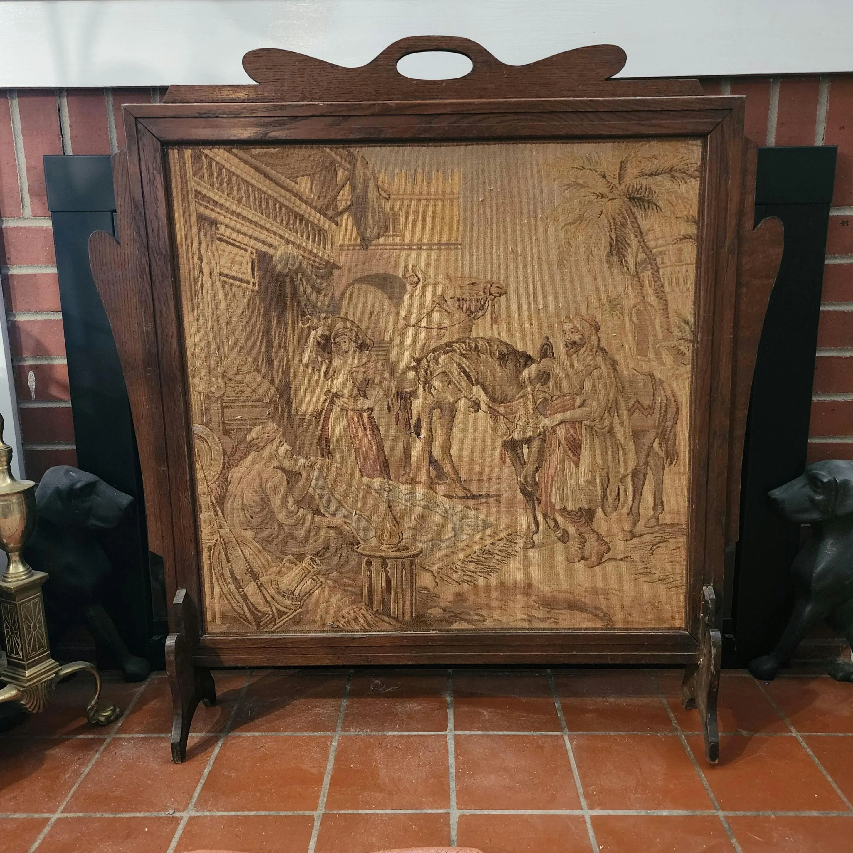 Vintage Wood Fireplace Screen with Tapestry Depicting a Marketplace Sceen