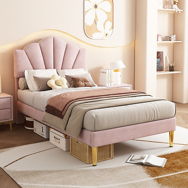 Lit 90x200 cm avec tête de lit coquillage réglable et pieds métal doré, velours rose, design élégant