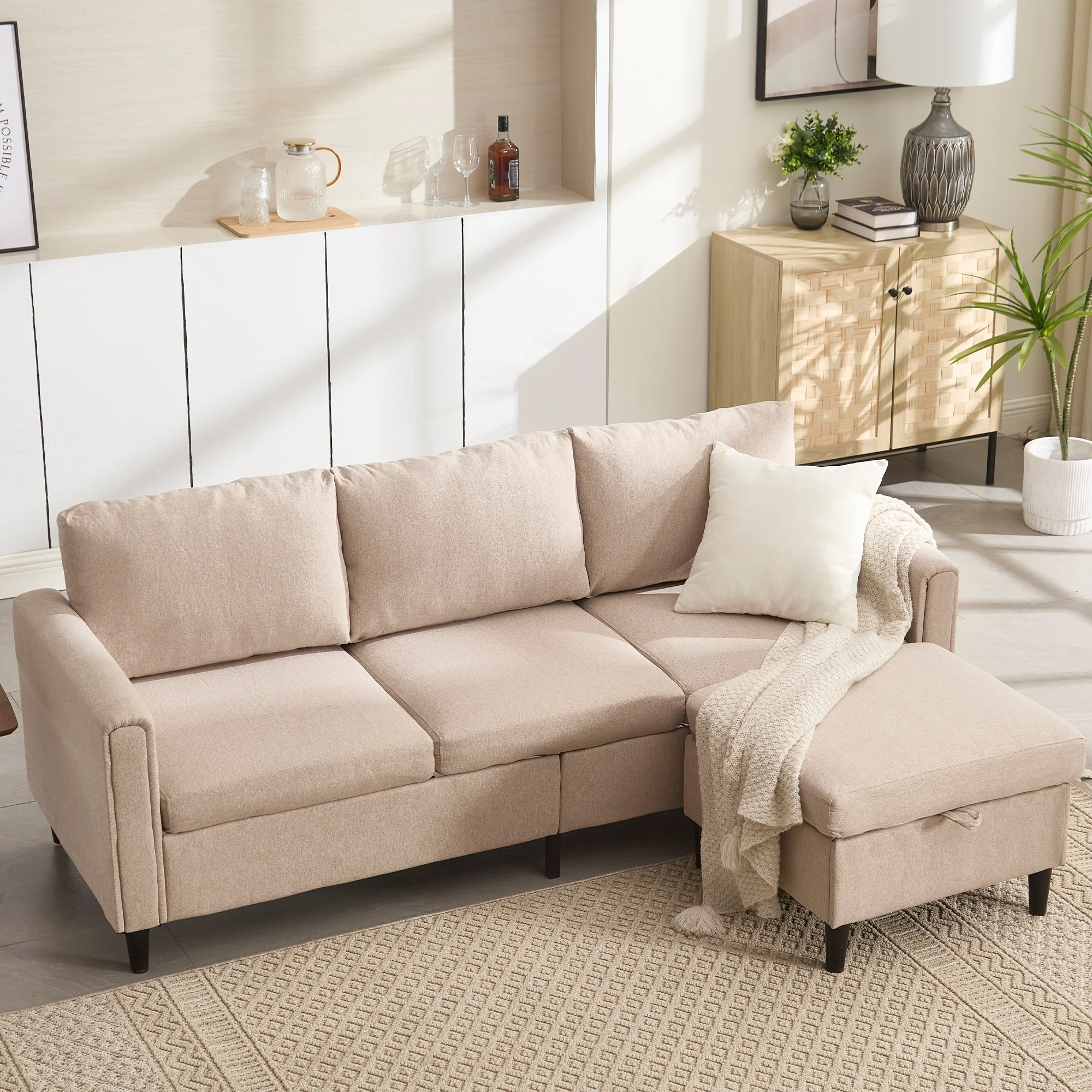 72 Wooden Frame 3-Seater L-Shaped Sectional Sofa with Storage