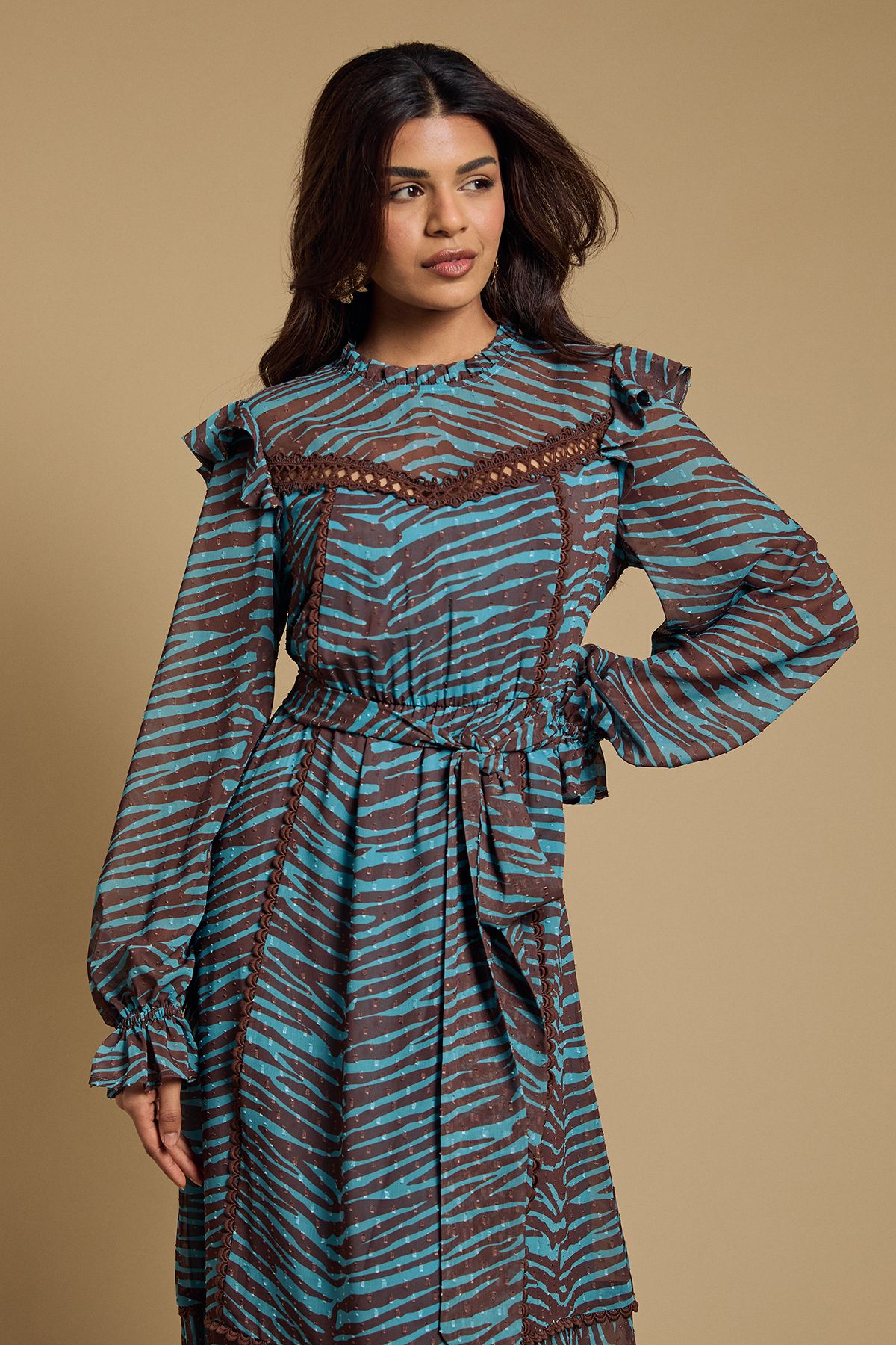 Oasis Petite Printed Dobby Chiffon Belted Waist Midi Dress