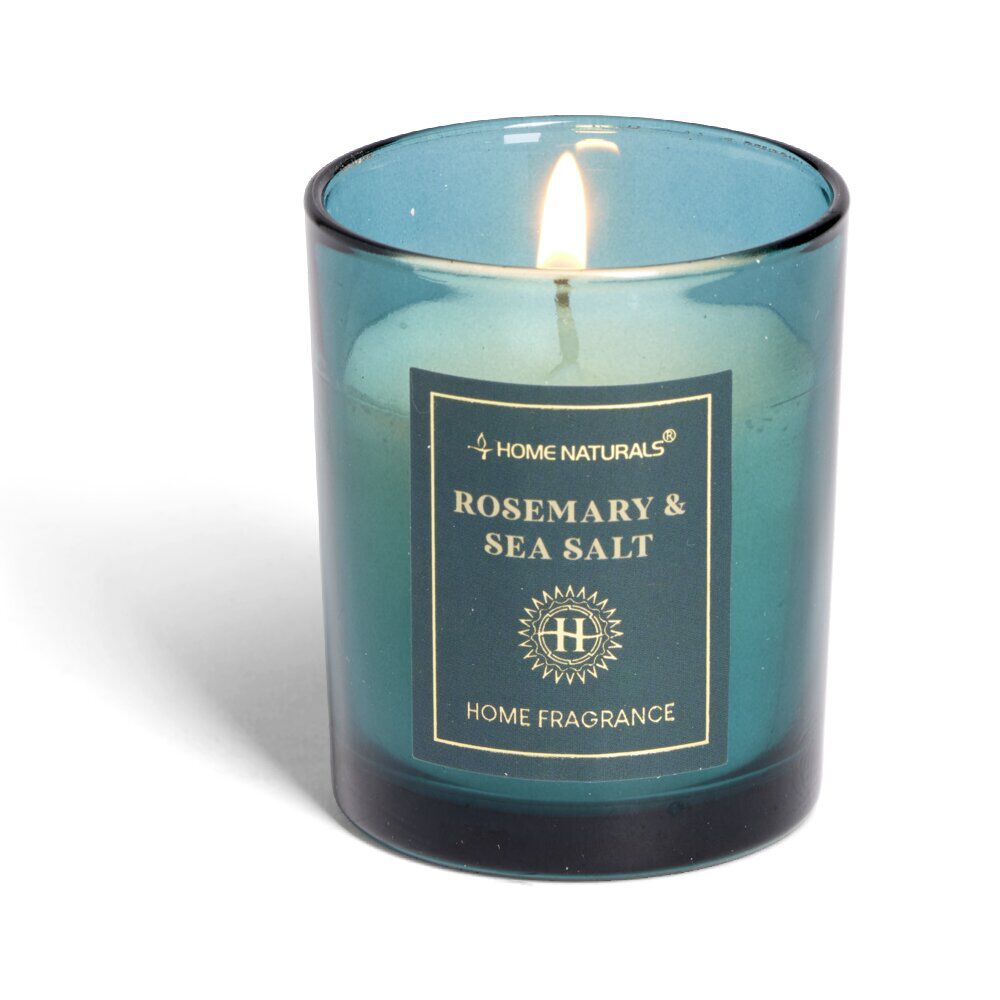 Bougie senteur romarin et sel marin dans pot en verre Ø6,4xH7,9cm bleu