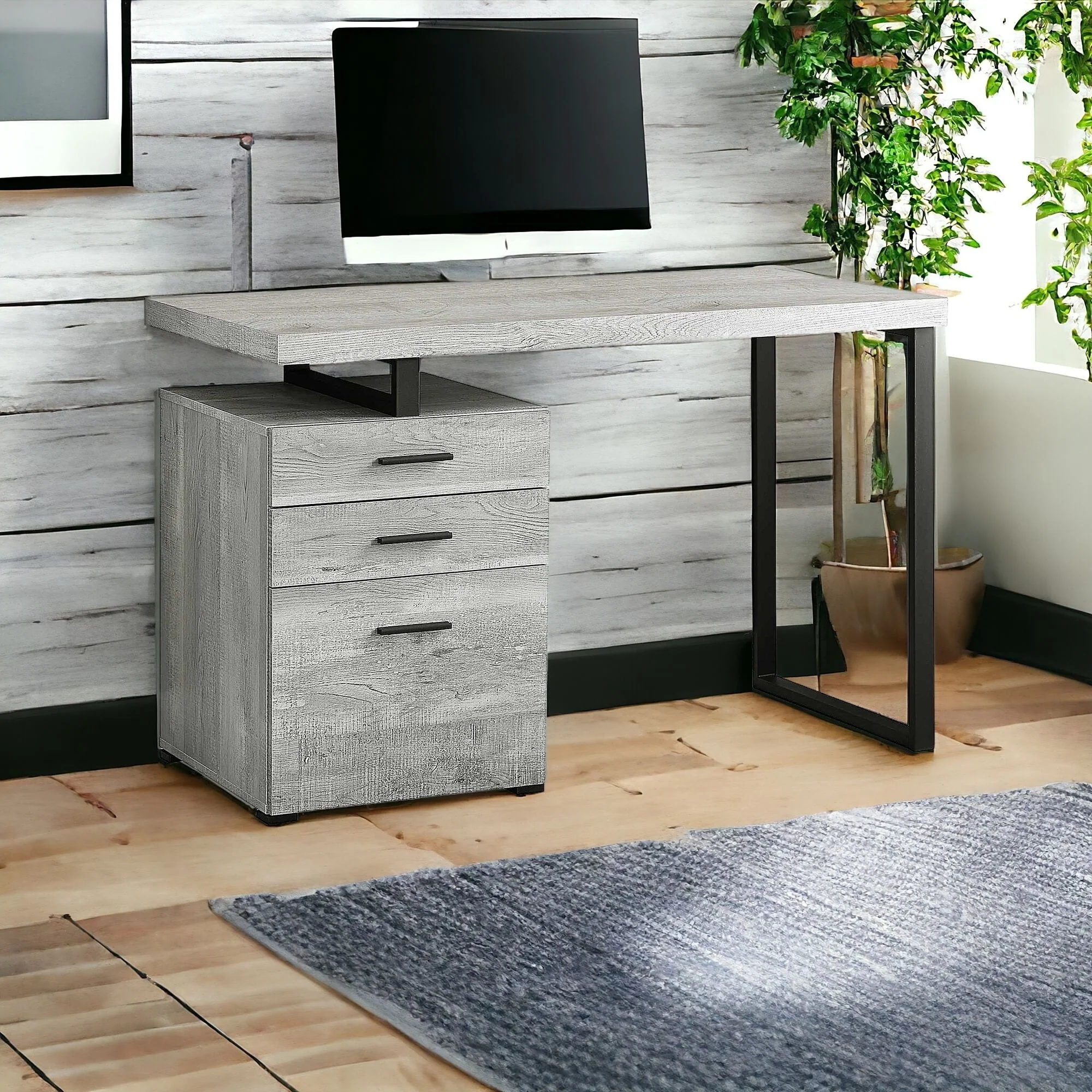 Grey Wood Computer Desk with Drawers and Black Metal Pedestal Base