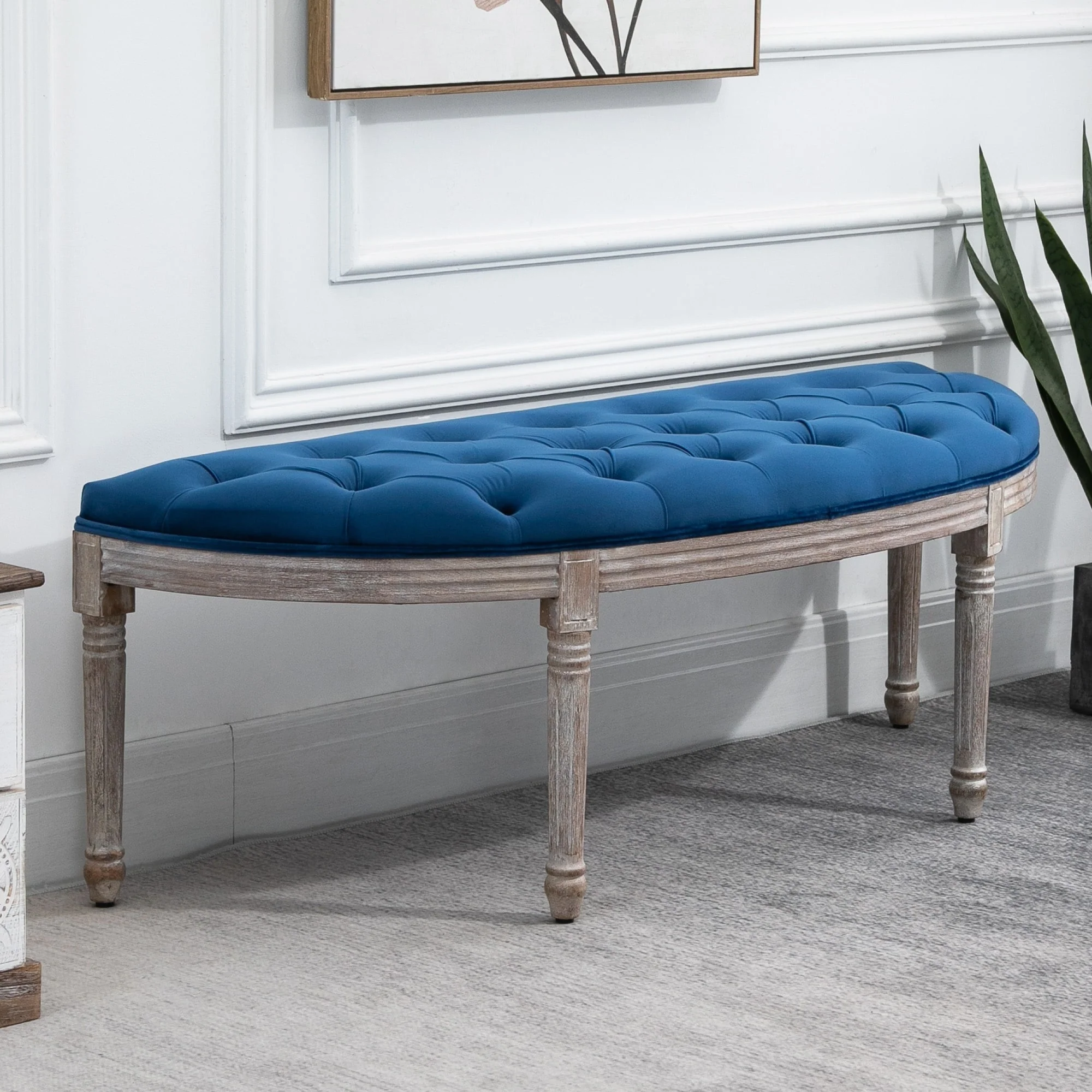 HOMCOM Vintage Semi-Circle Hallway Bench Tufted Upholstered Velvet-Touch Fabric Accent Seat with Rubberwood Legs