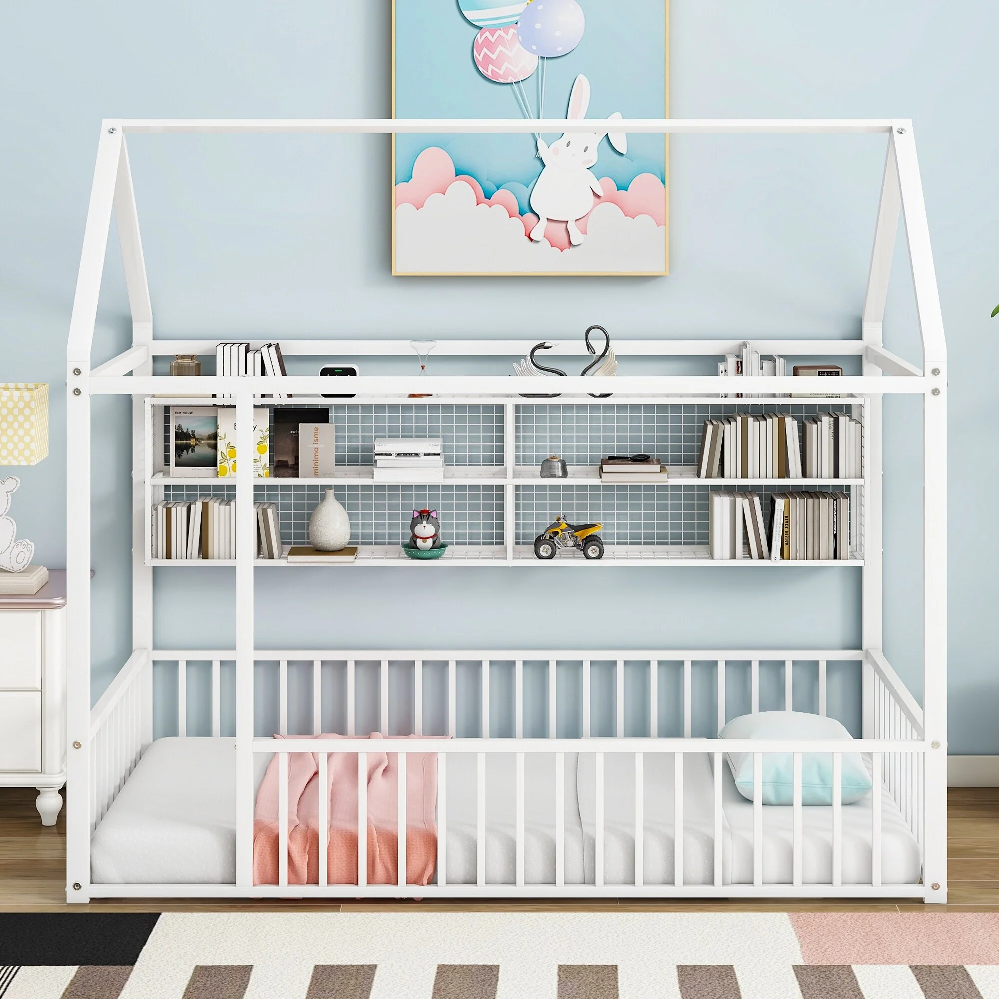 Twin Metal House Bed Frame with Storage Shelves and Fence Design
