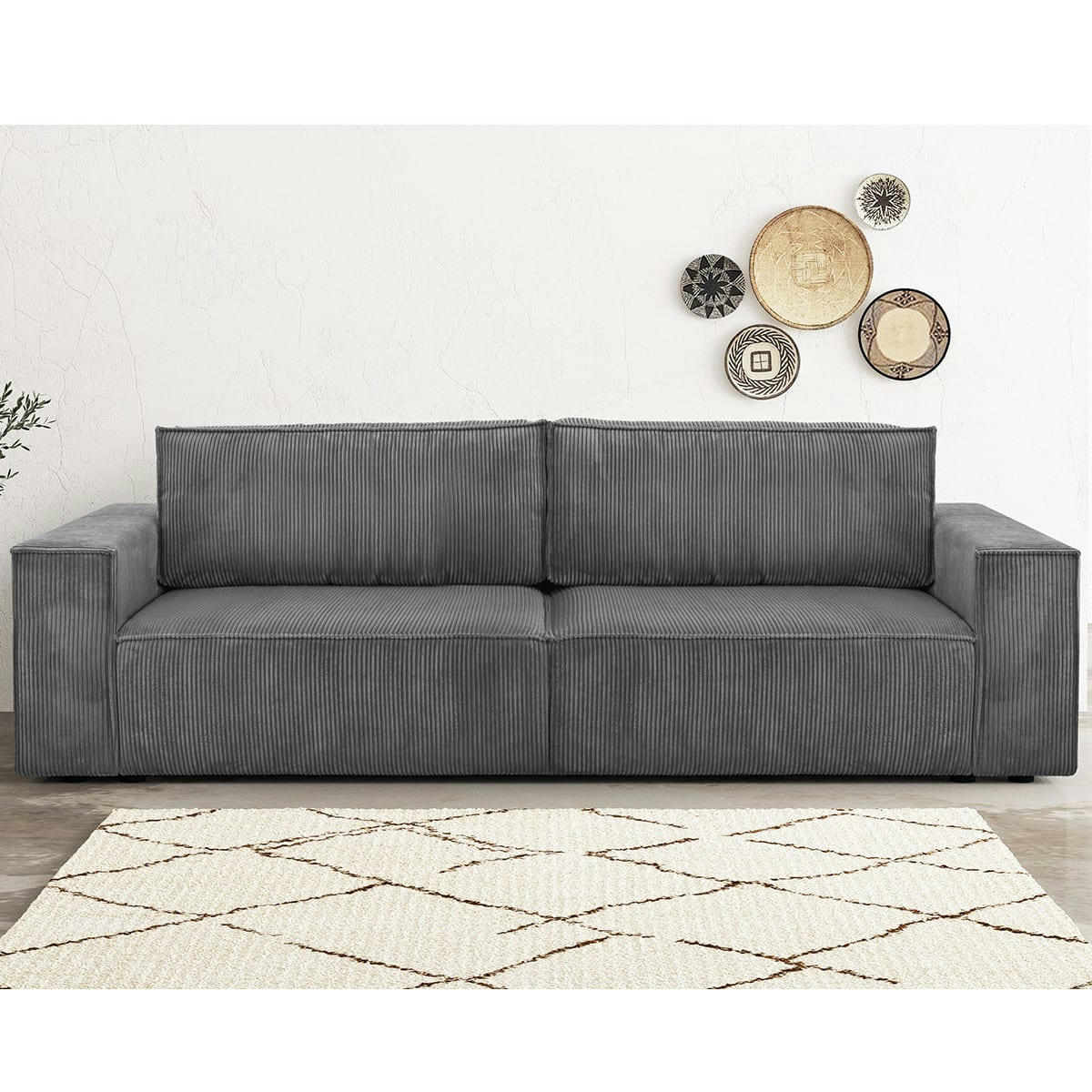 HARPER NEW - Canapé 3 places convertible + coffre en velours côtelé gris souris