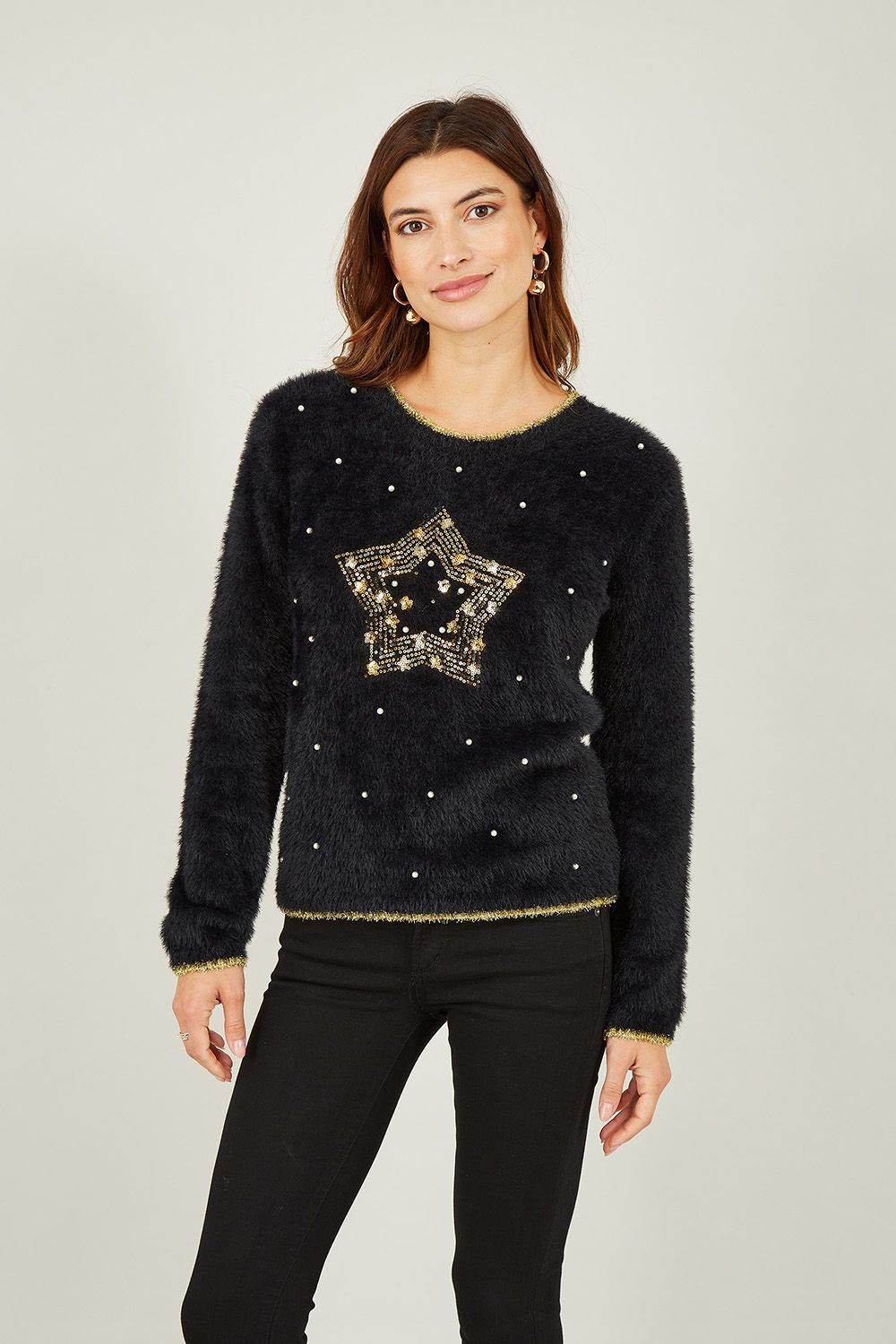 Yumi Black Fluffy Star Christmas Jumper