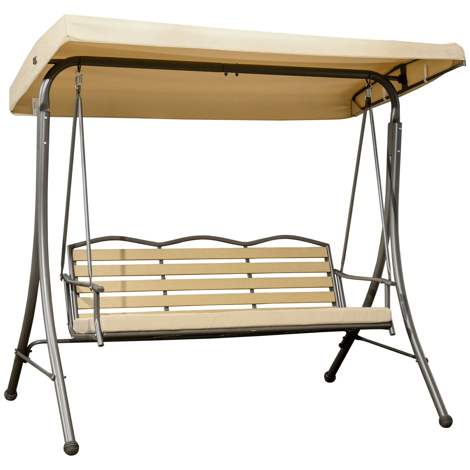 Outsunny 3-Seat Patio Swing Chair, Outdoor Canopy Swing Glider with Cushion, Adjustable Shade, and Slatted Design