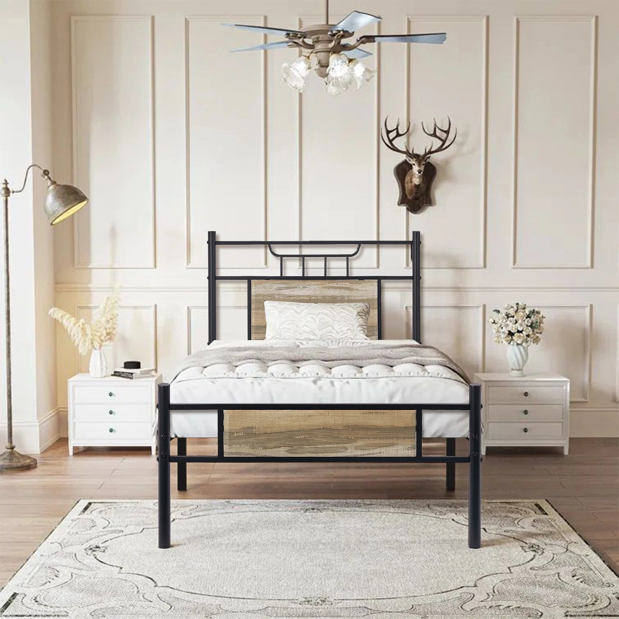 VECELO Industrial Kids Bed Frame with Wood Headboard,Twin Size Bed Set of 2