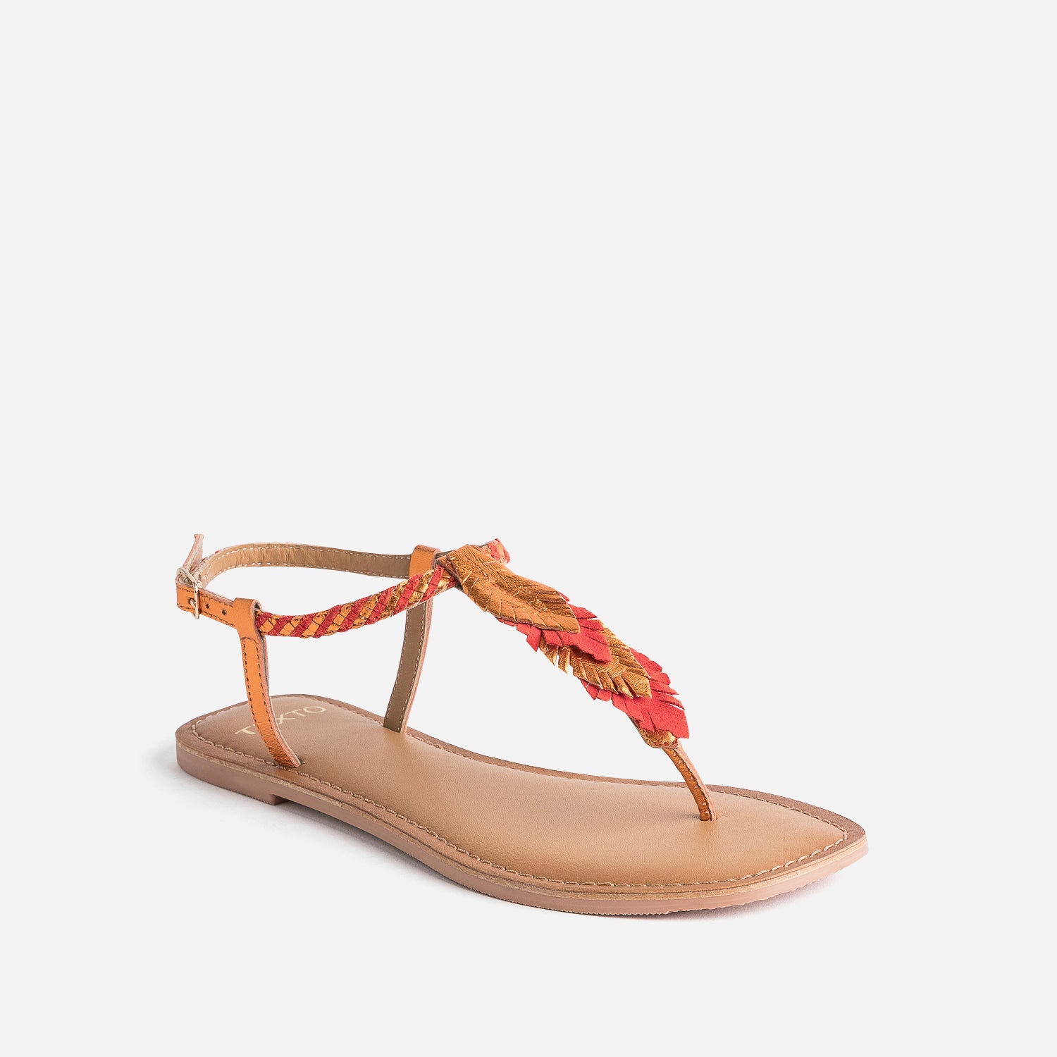 Sandale-tong TEXTO orange en cuir à plumes