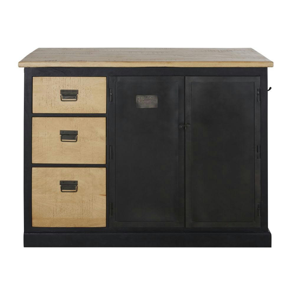 Kansas - Ilot central cuisine 3 portes 3 tiroirs en manguier massif avec table étirable