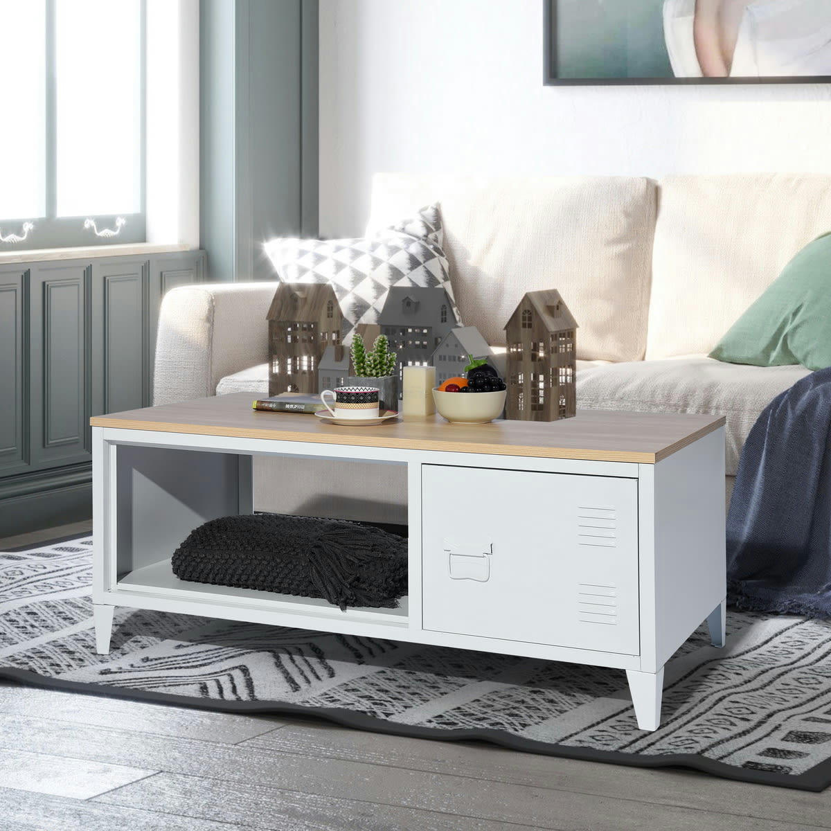 - Table basse bois métallique blanc une porte rangement 120X40