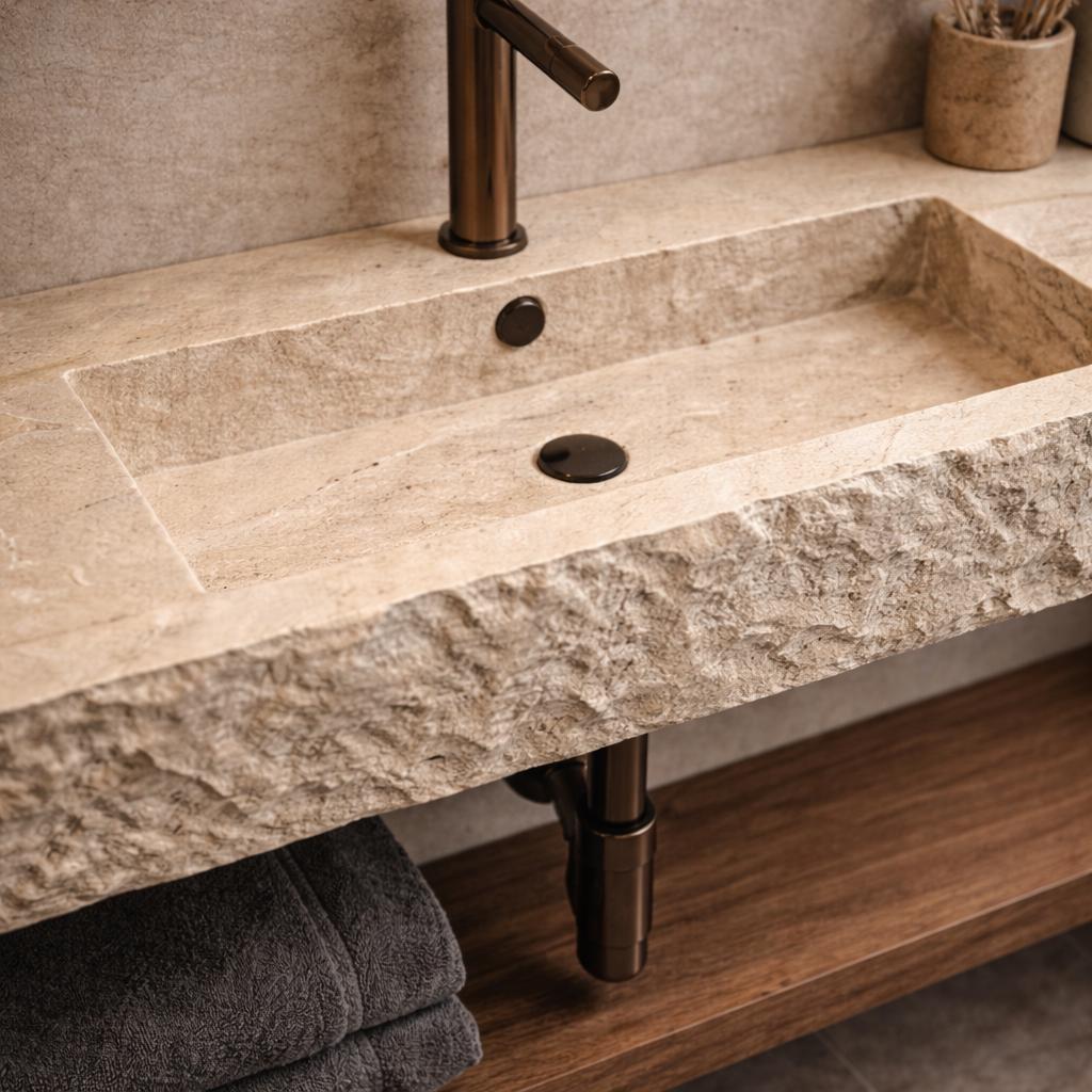 Travertine Floating Bathroom Sink, Wall Mounted Travertine Vanity, Natural Stone Bathroom Sink, Handmade Travertine Washbasin