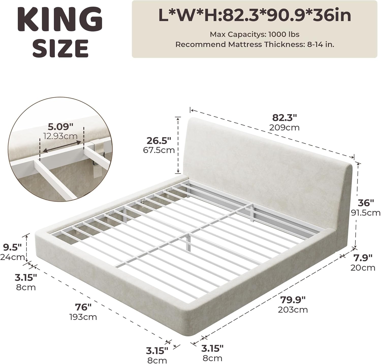 RECCI Cloud King Size Bed Frame with Ergonomic Angled Foam Cushioned Headboard, Minimalist Design Platform Bed Frame, No Box Spring Needed, Easy Assembly (Beige)