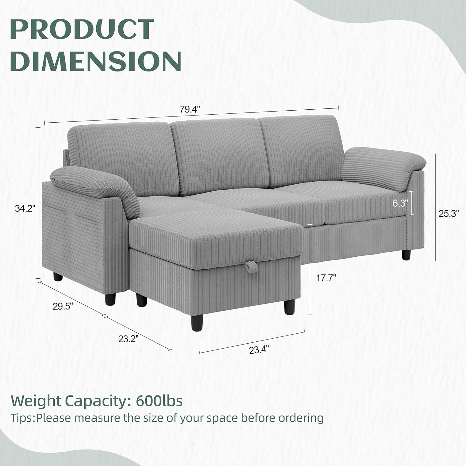 Vongrasig Convertible Sectional Couches Sofa, 3 Seat L Shaped Sofa with Removable Pillows Soft Corduroy Fabric Small Couch Mid Century for Living Room, Bed Room, Apartment and Office (Light Grey)