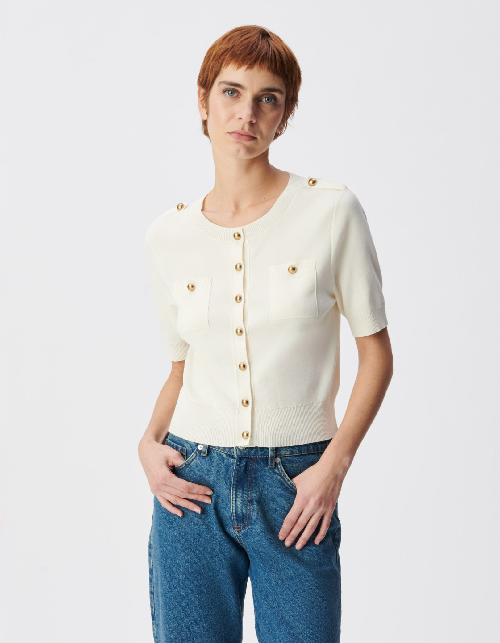 Cardigan manches courtes blanc tricot deux poches Femme