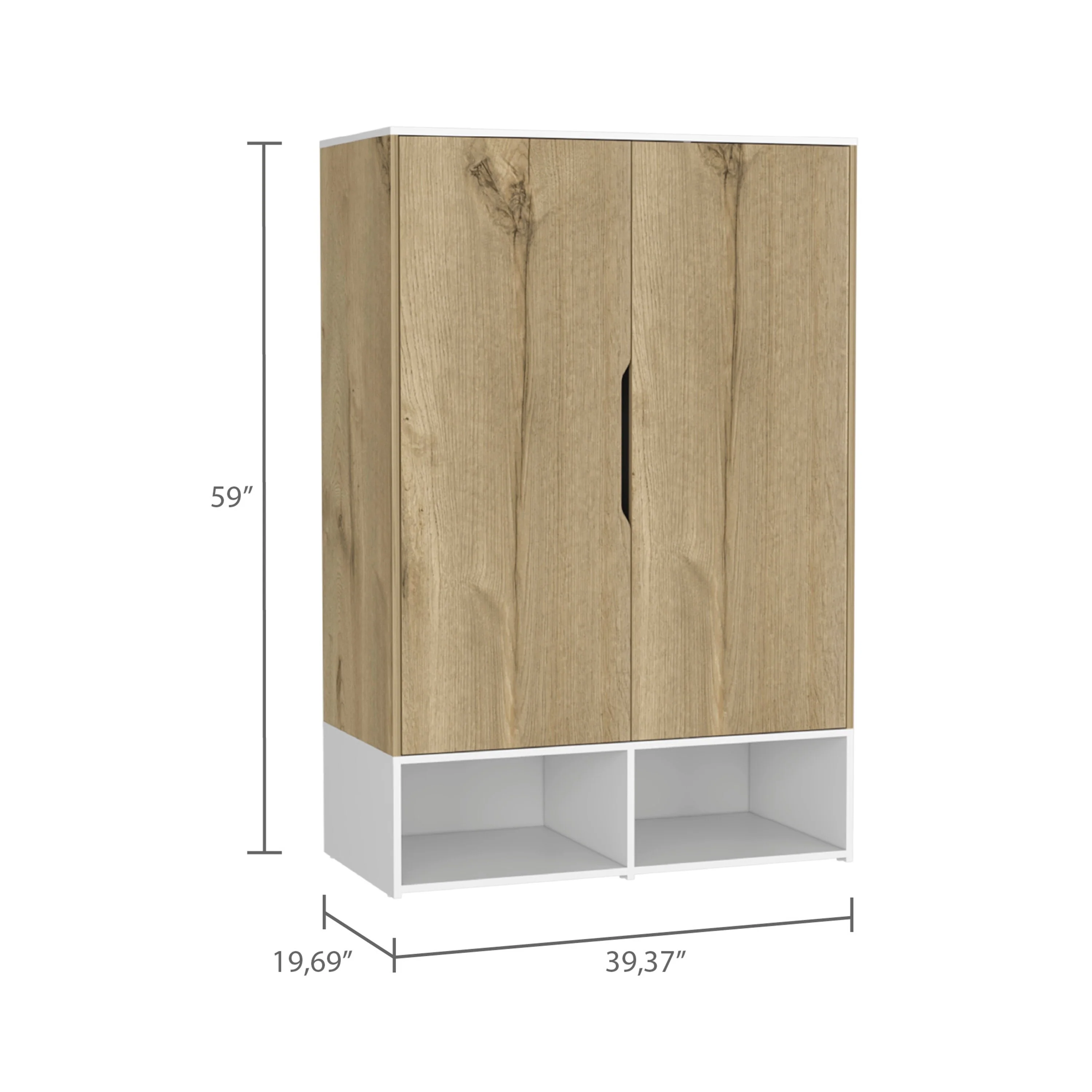 19.69 Modern Double-door Armoire with Two Open Shelves and Hanging Rod for Bedroom