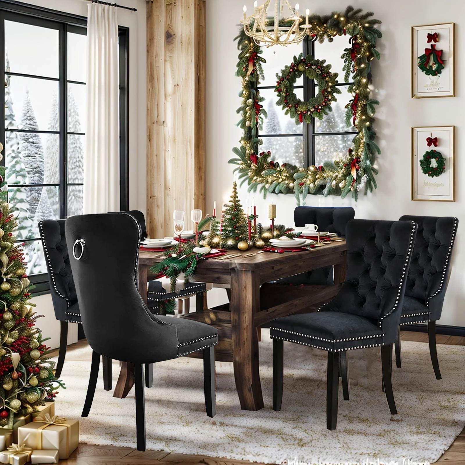 Dining Chairs Set of 6, Luxury Upholstered Velvet Kitchen Chairs Side Chair with Padded Seat Back and Solid Wood Legs - N/A