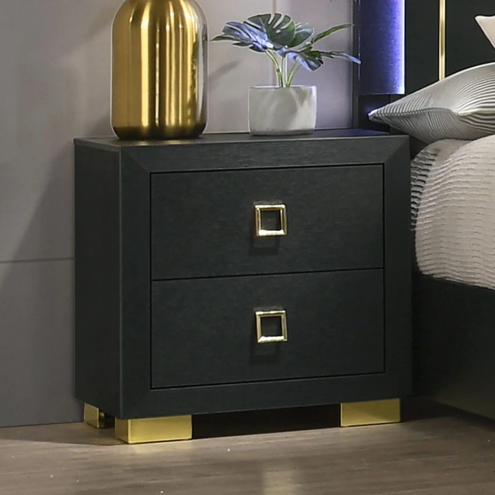 Charming Metal-Legged Nightstand with Stylish Pull Handles for Bedroom Enhancement
