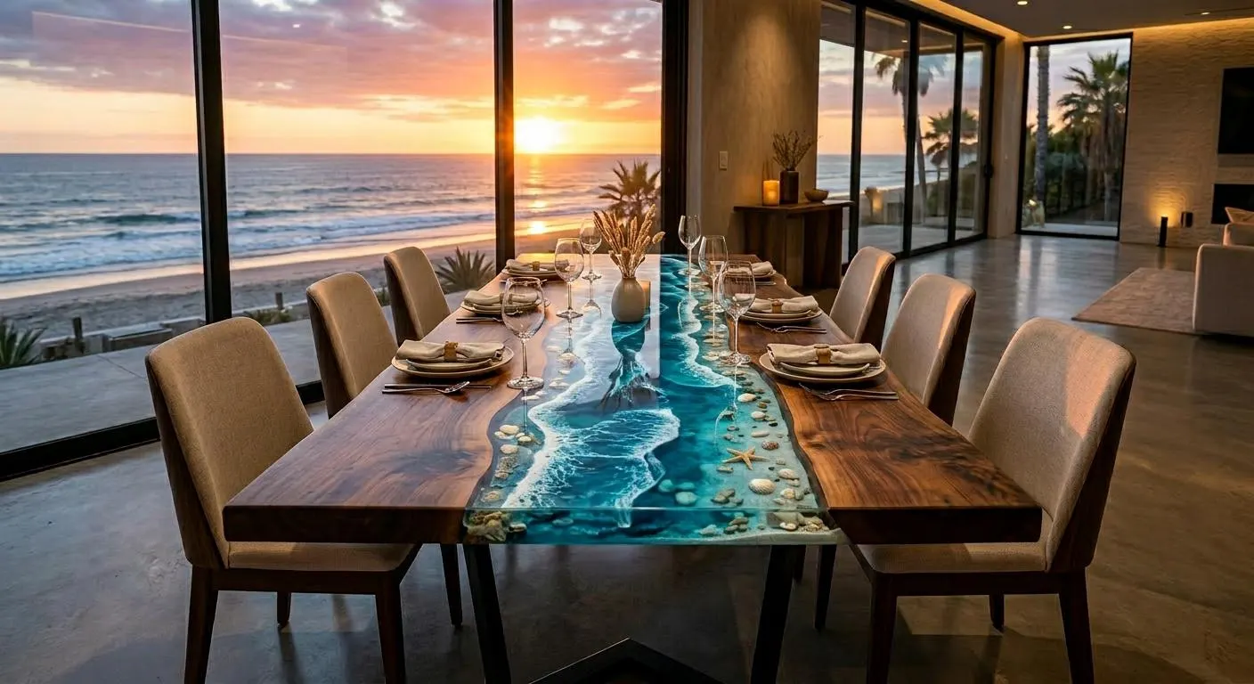 Ocean Wave Epoxy River Dining Table, Custom Beach Resin Table, Walnut Ocean Dining Table, Coastal Luxury Furniture, Handmade USA Table