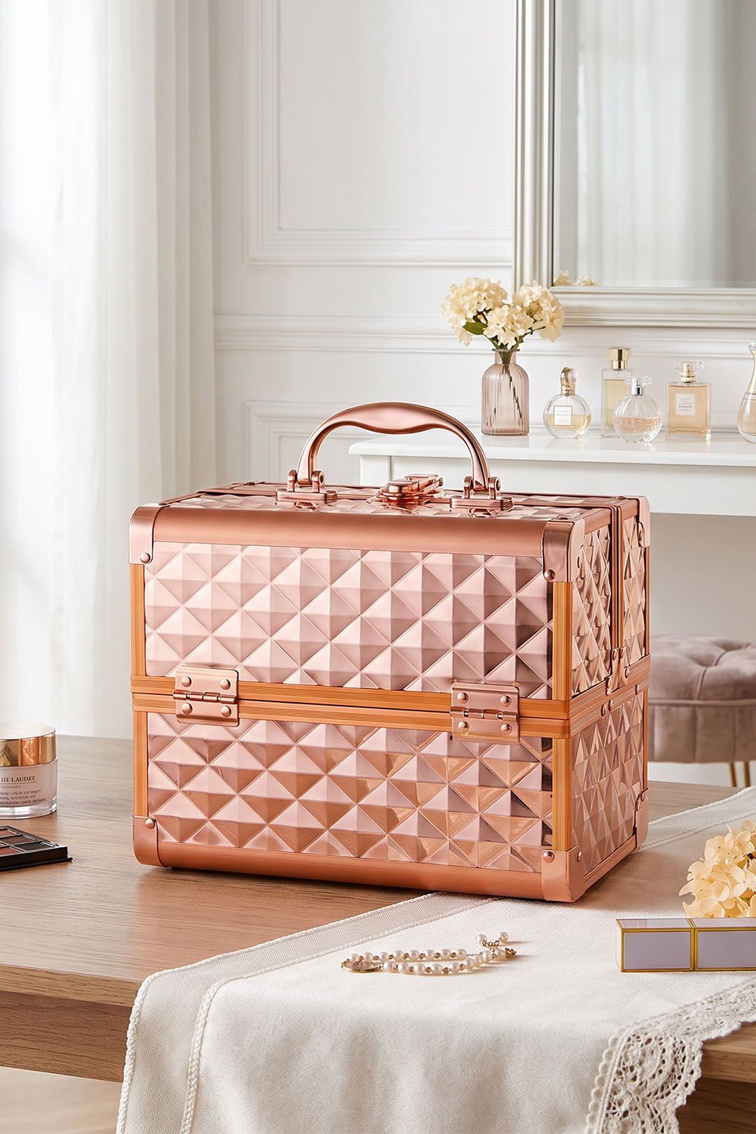 The hot sale Professional Makeup Storage Case Rose Gold Double Layer with Mirror