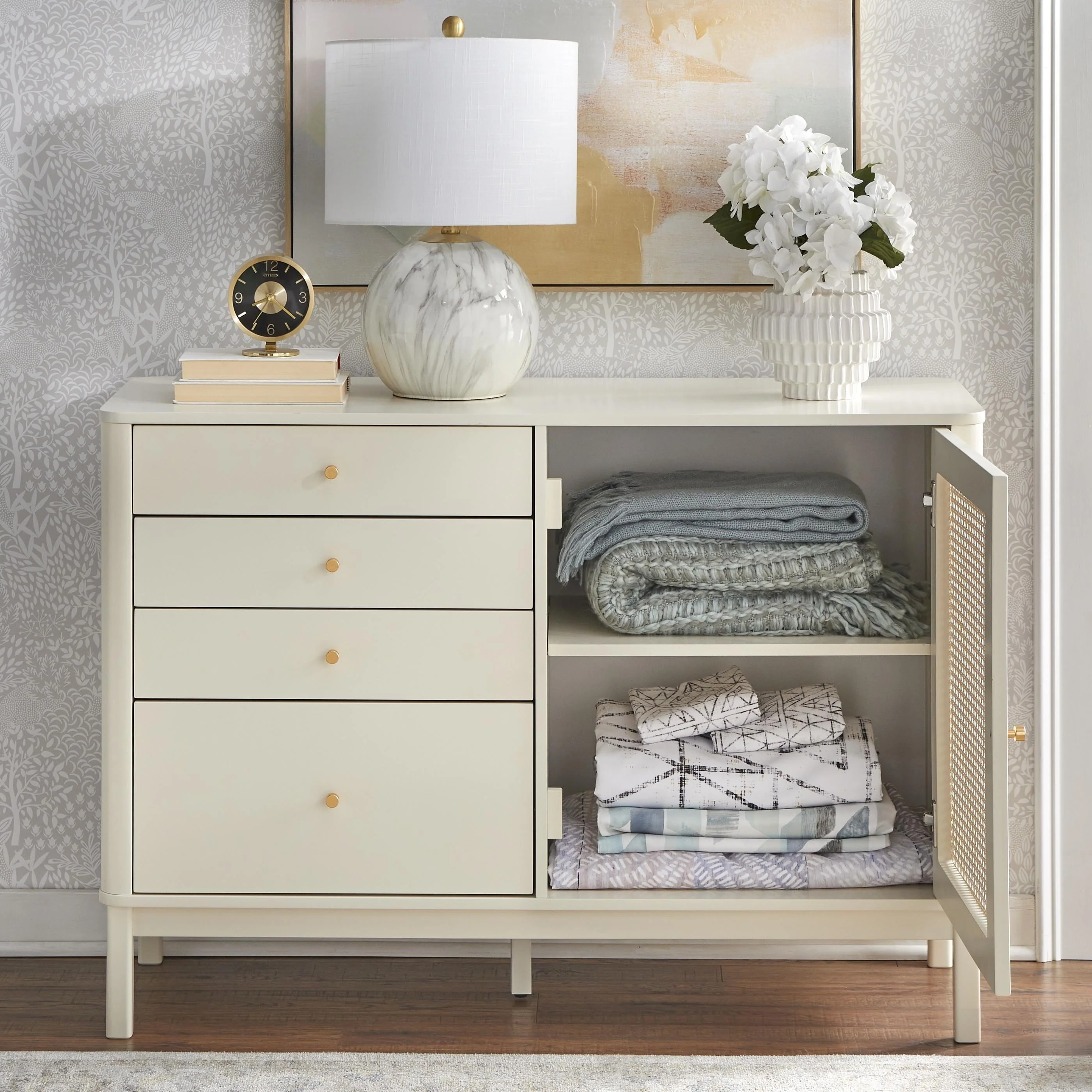 Lifestorey Bayview 4-Drawer Dresser with Cabinet and Rattan