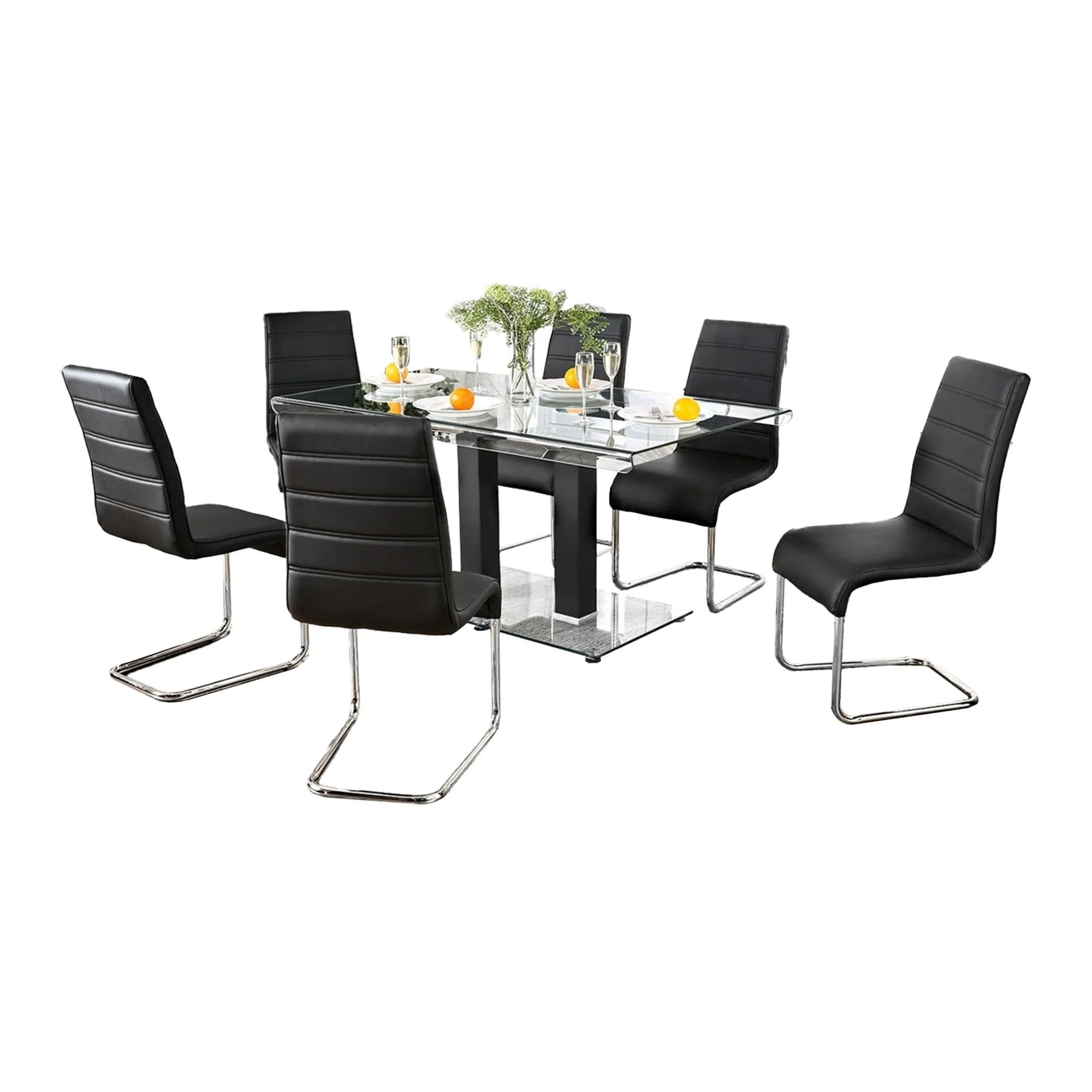 Fely 7pc Dining Table and Chair Set, Glass Top, Black Faux Leather