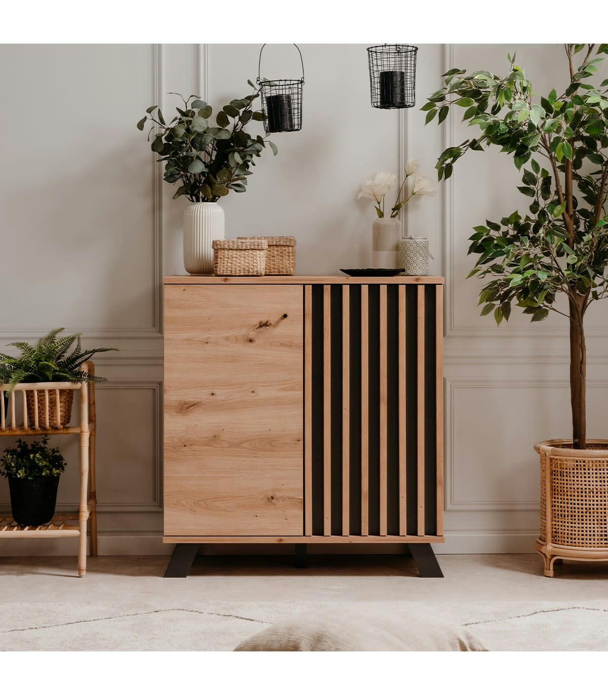 LUBLIN - Buffet 2 portes effet bois avec tasseaux - L80 x H85 cm