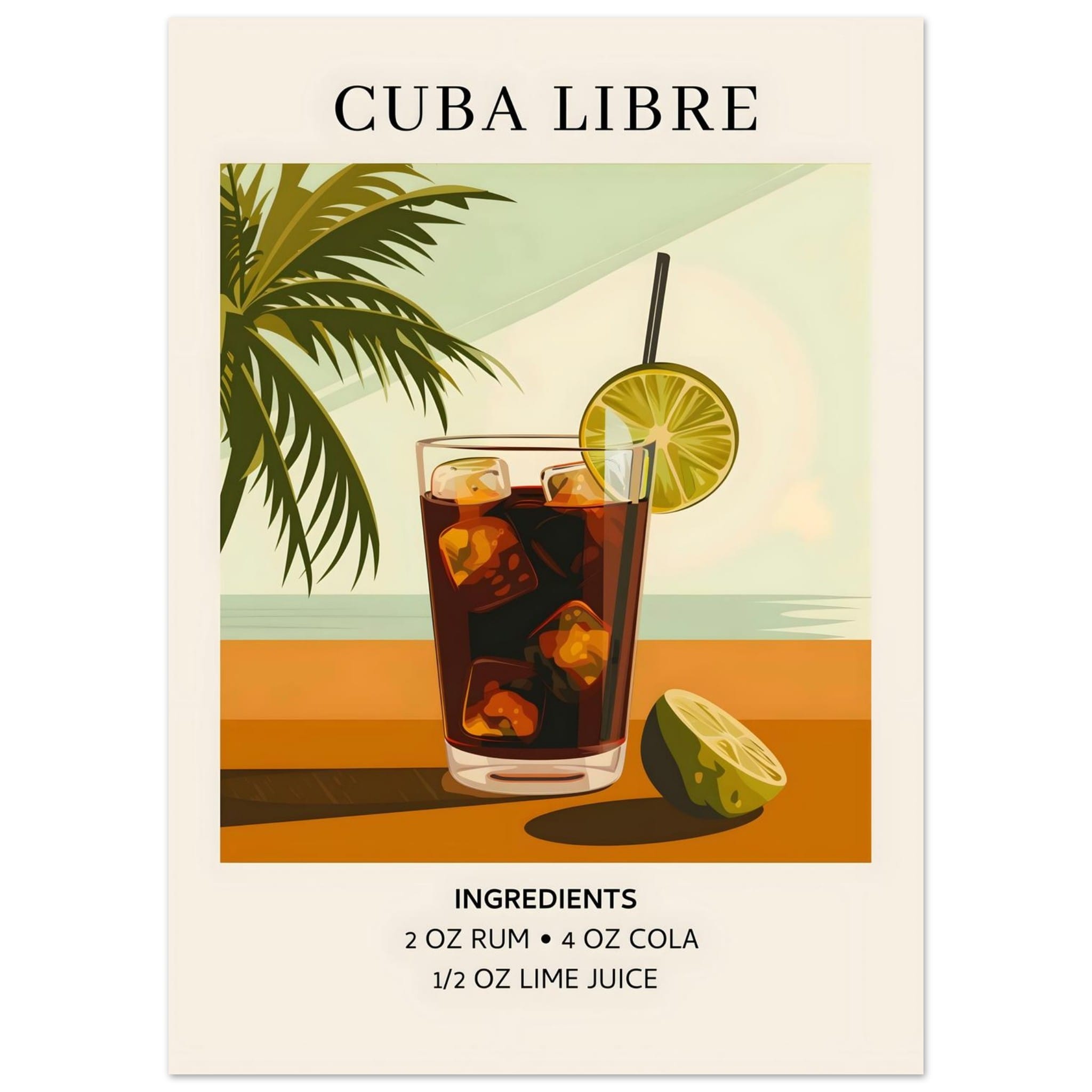 Artfulprints Poster Cuba Libre cocktail - Ingrediënten  - 50x70 cm - Bruin