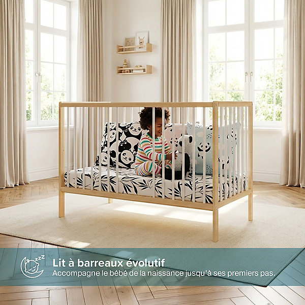 Lit evolutif minea 124 x 65 x 84 cm en bois cadre a lattes de couleur bois