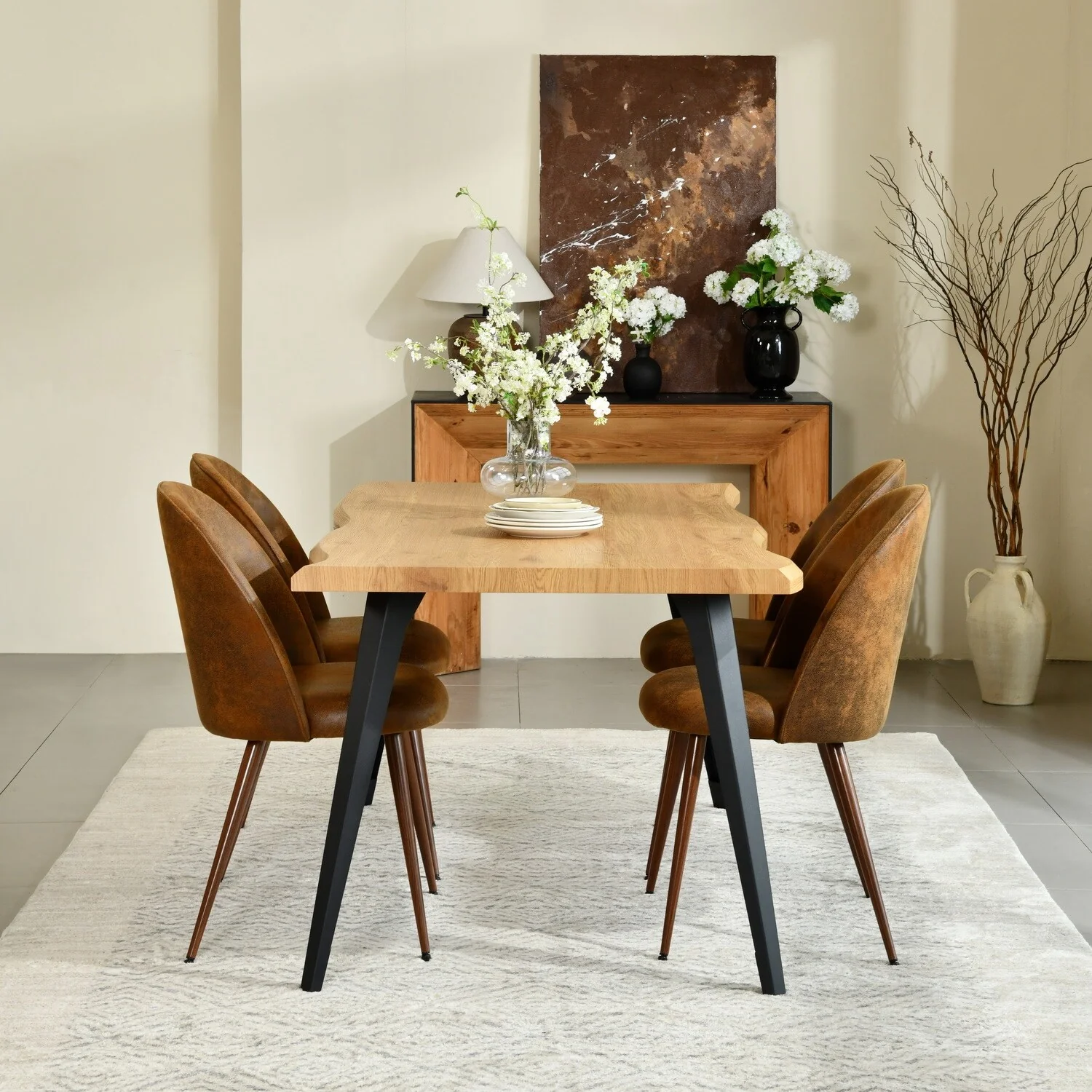 Homy Casa 5-Piece Dining Set with Modern Table and Upholstered Side Chairs