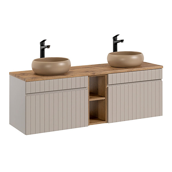 Ensemble meuble double vasque 140cm 2 niches et colonne Zelie Cachemire et Bois