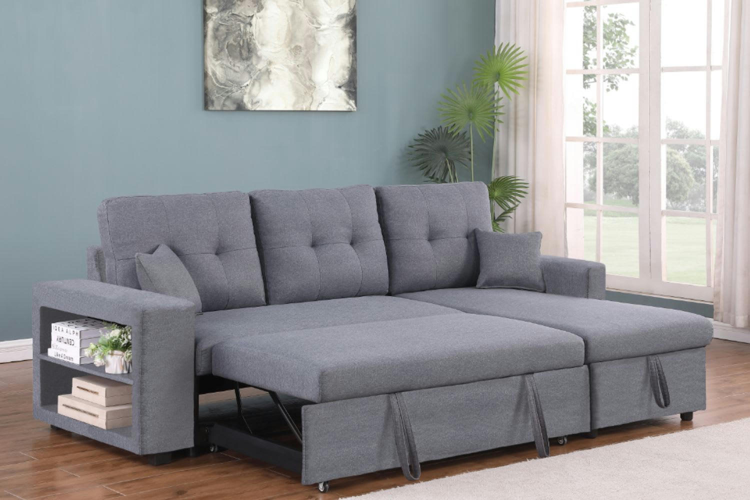 GLASGOW - Canapé d'angle droit convertible en tissu gris 4 places