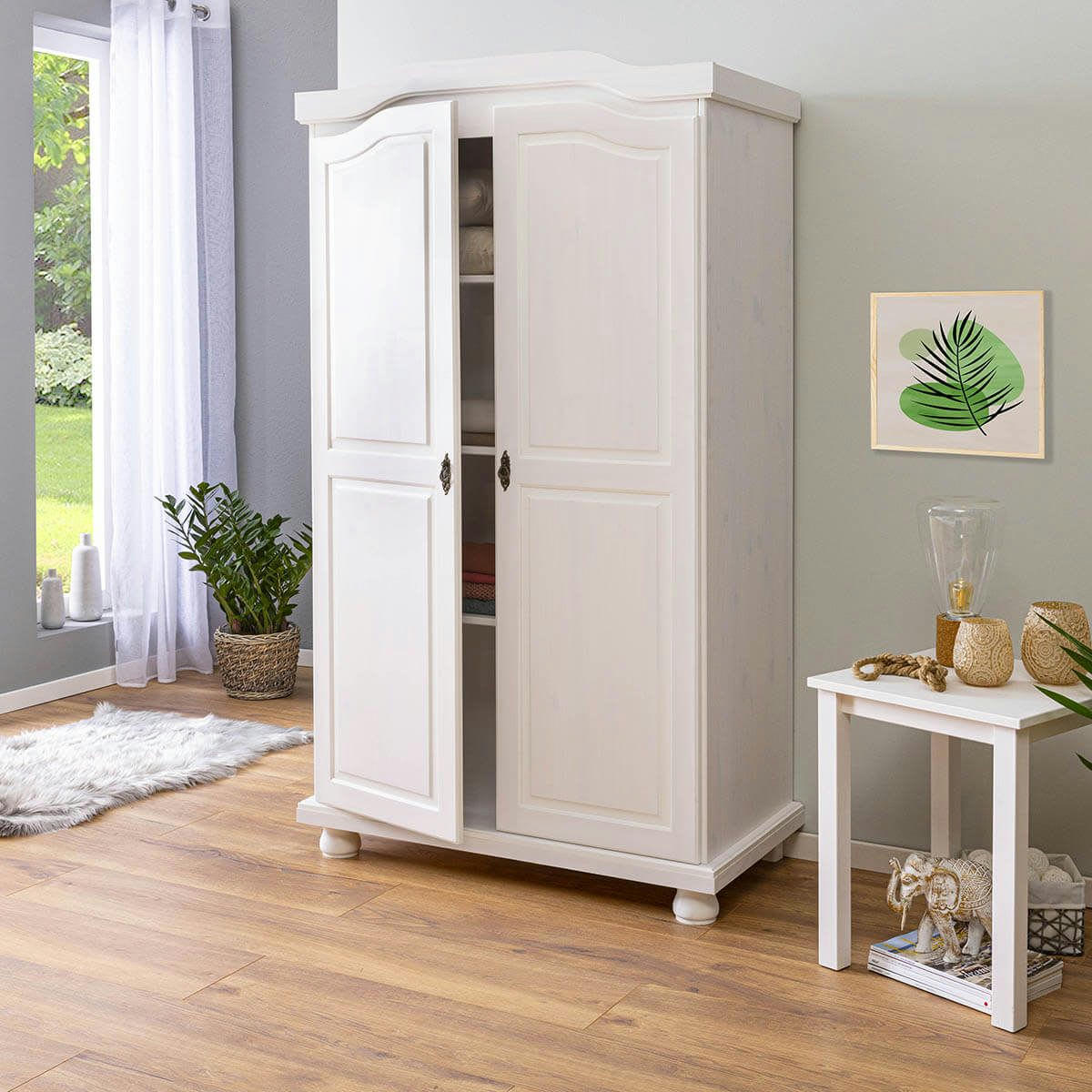 SYDNEY - Armoire  2 portes + penderie bois massif vernis blanc